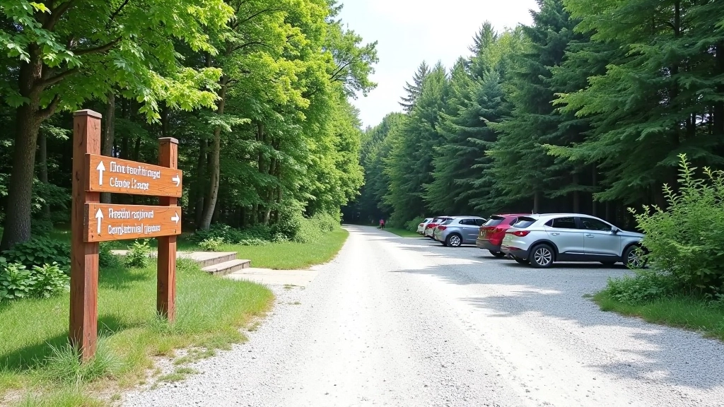 Parklaplats ja rada algus, tee märgistused, autopark keskkond päeval